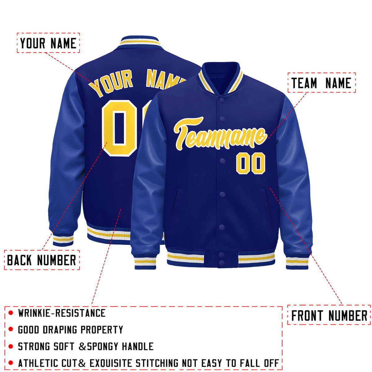 Custom Royal Blue White Classic Style Leather Sleeves Wrinkle-Resistant Jacket| KXKSHOP
