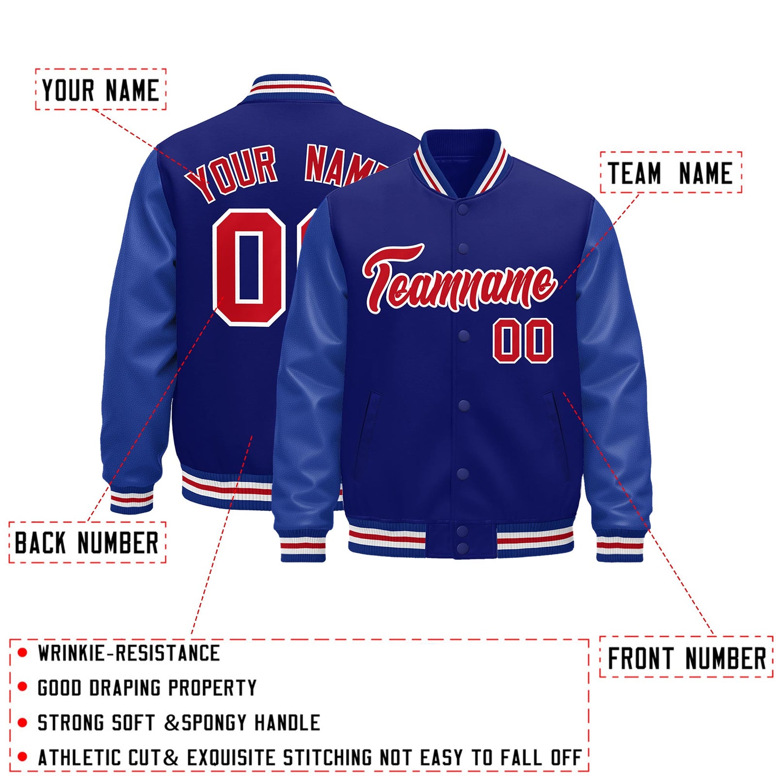 Custom Royal Blue red Classic Style Leather Sleeves Wrinkle-Resistant Jacket| KXKSHOP