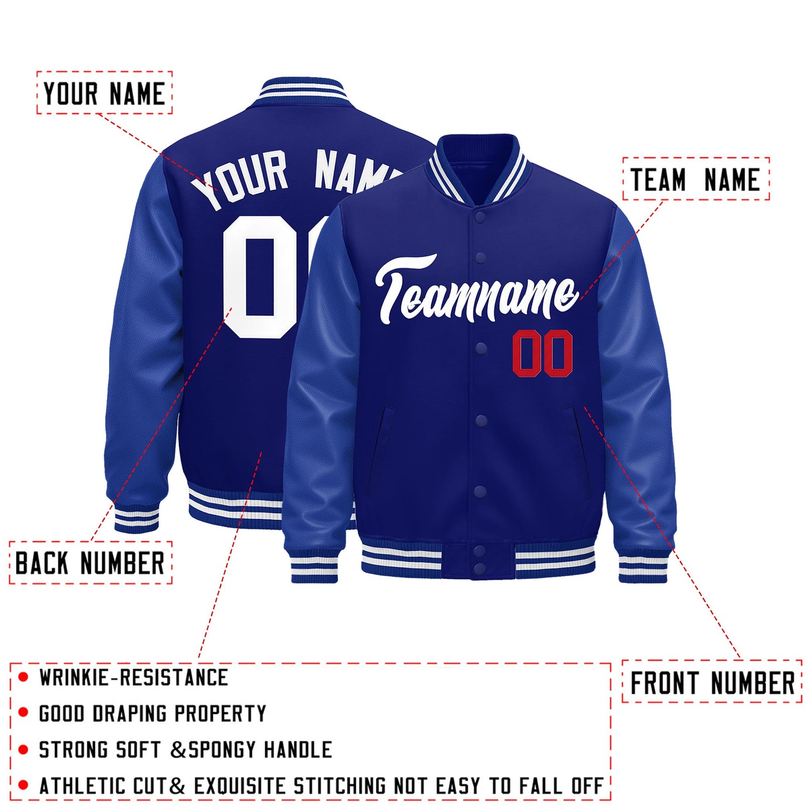 Custom Royal Blue White Classic Style Leather Sleeves Wrinkle-Resistant Jacket| KXKSHOP
