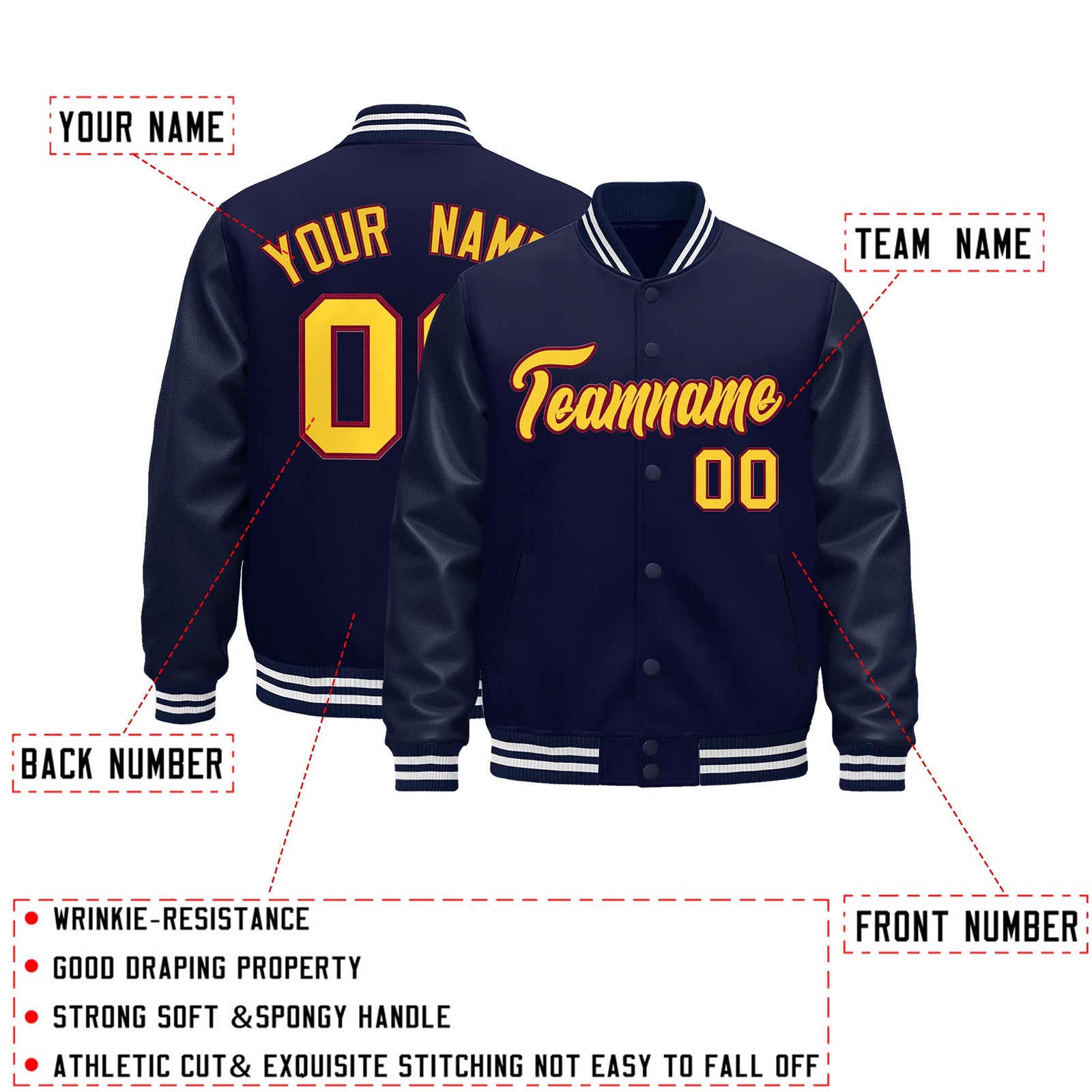 Custom Navy Burgundy Classic Style Leather Sleeves Wrinkle-Resistant Jacket| KXKSHOP