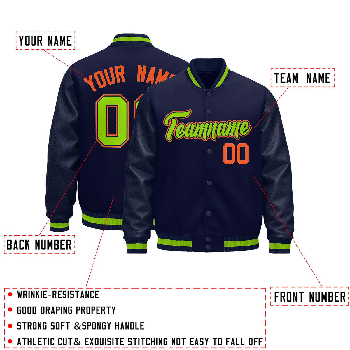 Custom Navy Orange Classic Style Leather Sleeves Wrinkle-Resistant Jacket| KXKSHOP