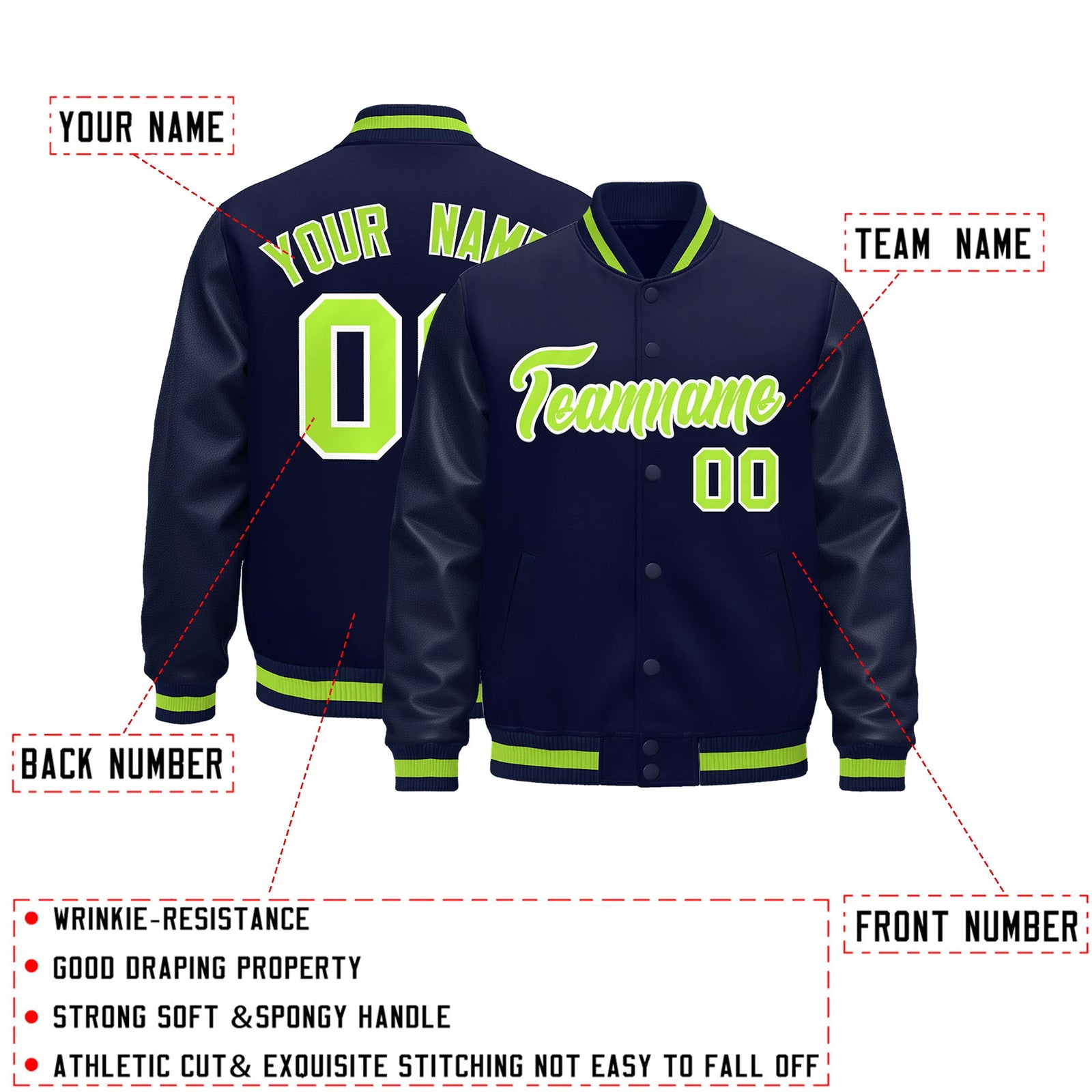 Custom Navy Neon Green Classic Style Leather Sleeves Wrinkle-Resistant Jacket| KXKSHOP