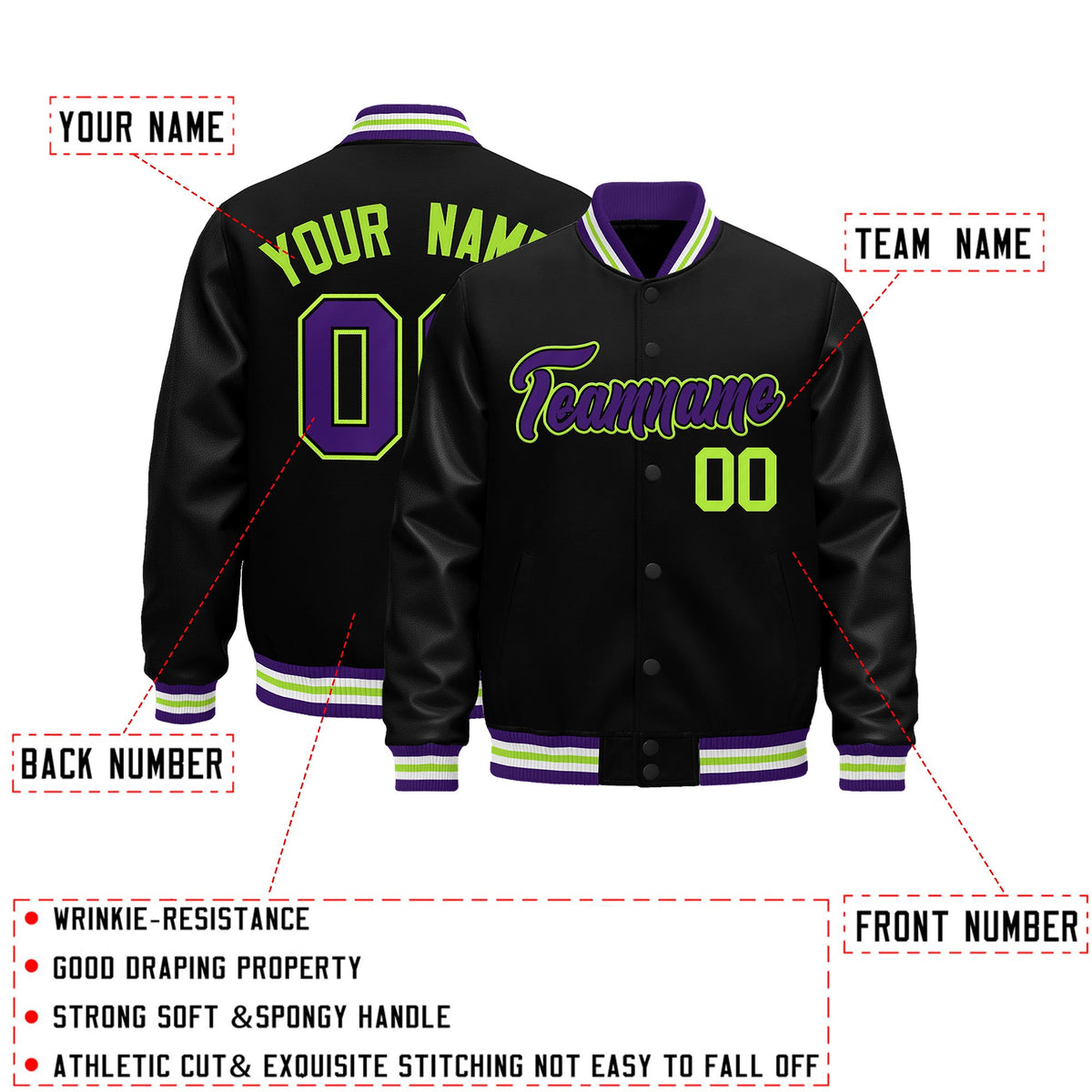 Custom Black Purple White Classic Style Leather Sleeves Wrinkle-Resistant Jacket| KXKSHOP