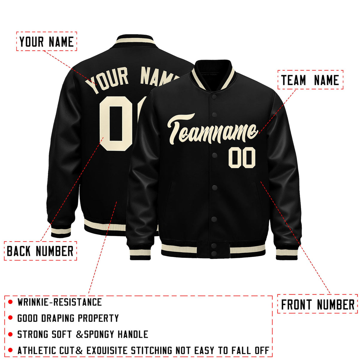 Custom Black Cream Classic Style Leather Sleeves Wrinkle-Resistant Jacket| KXKSHOP