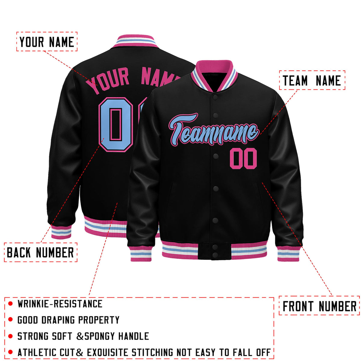 Custom Black Pink White Classic Style Leather Sleeves Wrinkle-Resistant Jacket| KXKSHOP