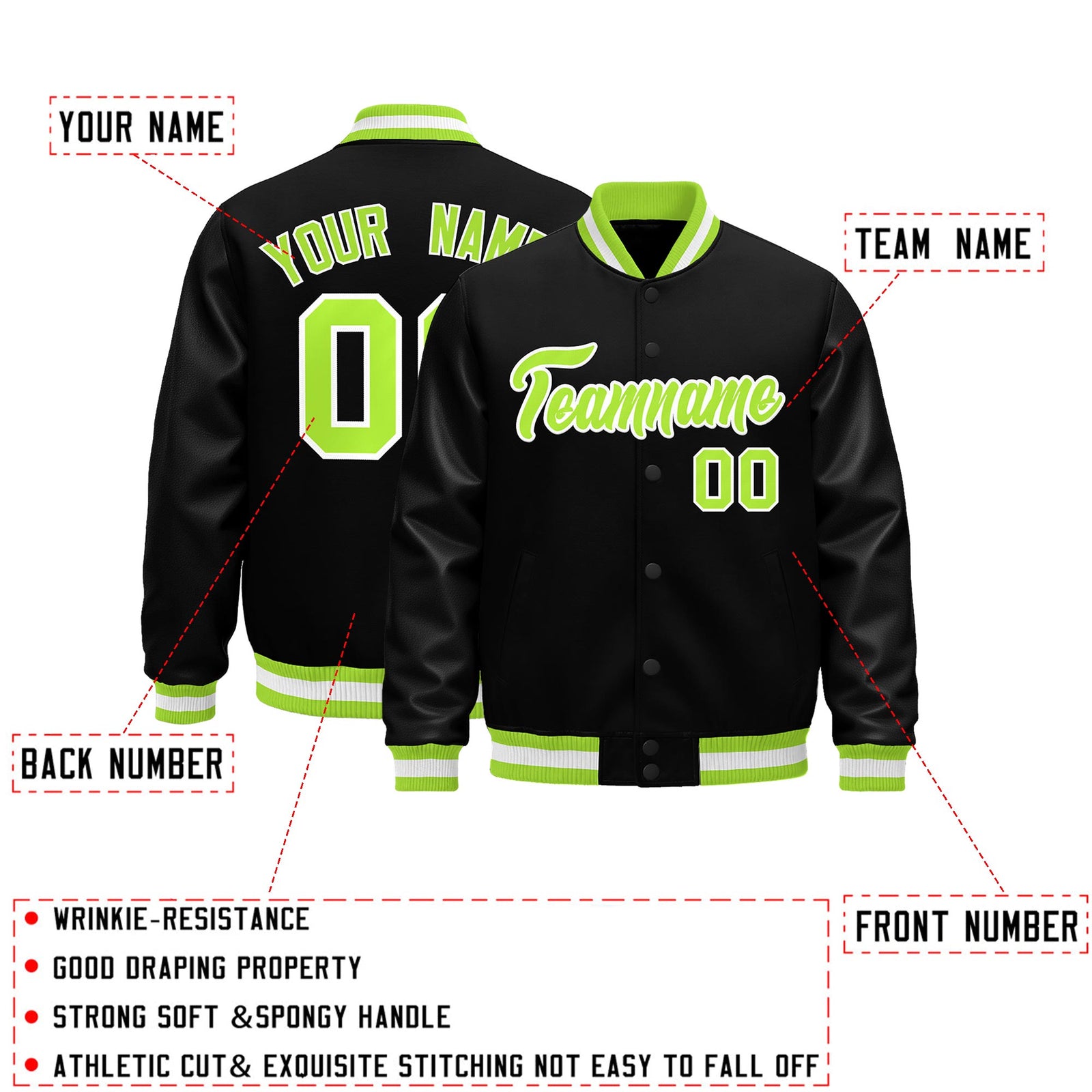 Custom Black Neon Green White Classic Style Leather Sleeves Wrinkle-Resistant Jacket| KXKSHOP