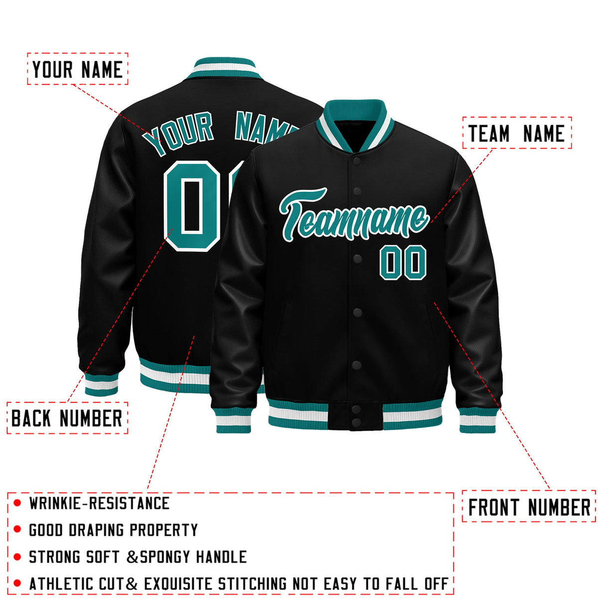 Custom Black Aqua White Classic Style Leather Sleeves Wrinkle-Resistant Jacket| KXKSHOP