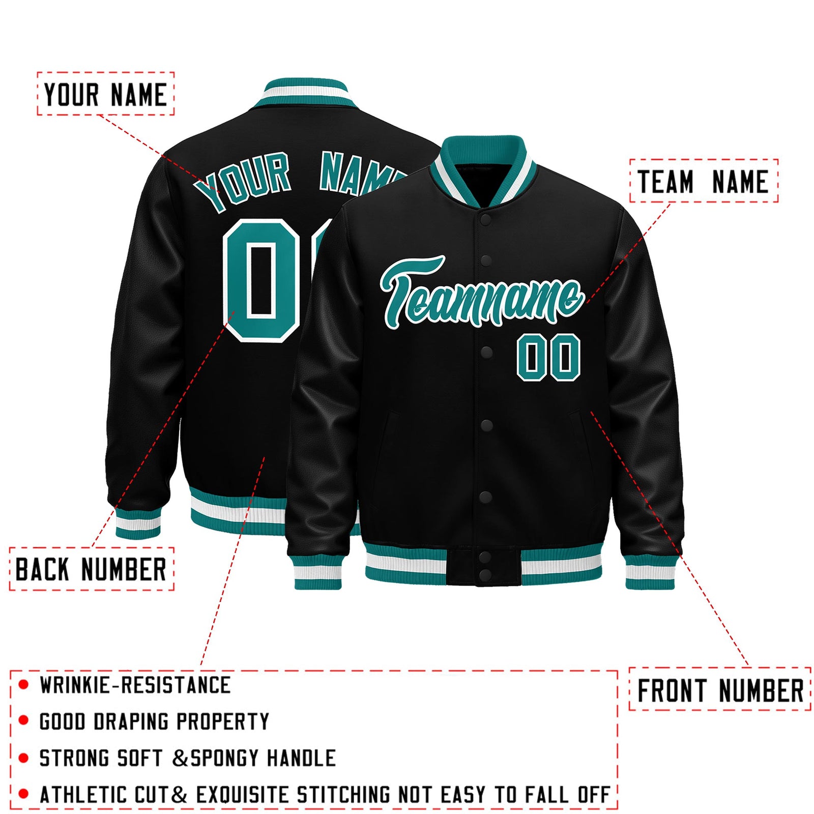 Custom Black Aqua White Classic Style Leather Sleeves Wrinkle-Resistant Jacket| KXKSHOP