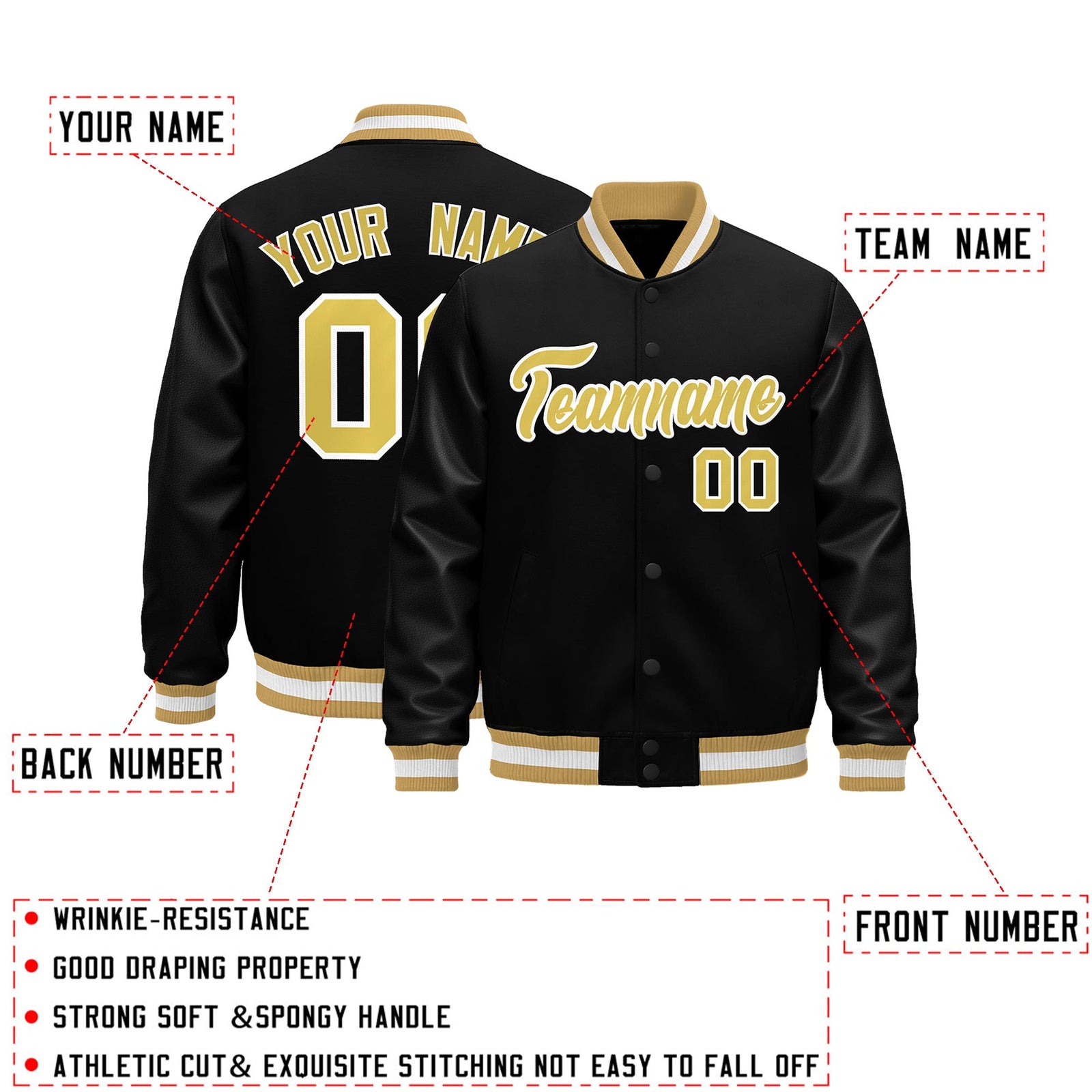 Custom Black Old Gold White Classic Style Leather Sleeves Wrinkle-Resistant Jacket| KXKSHOP