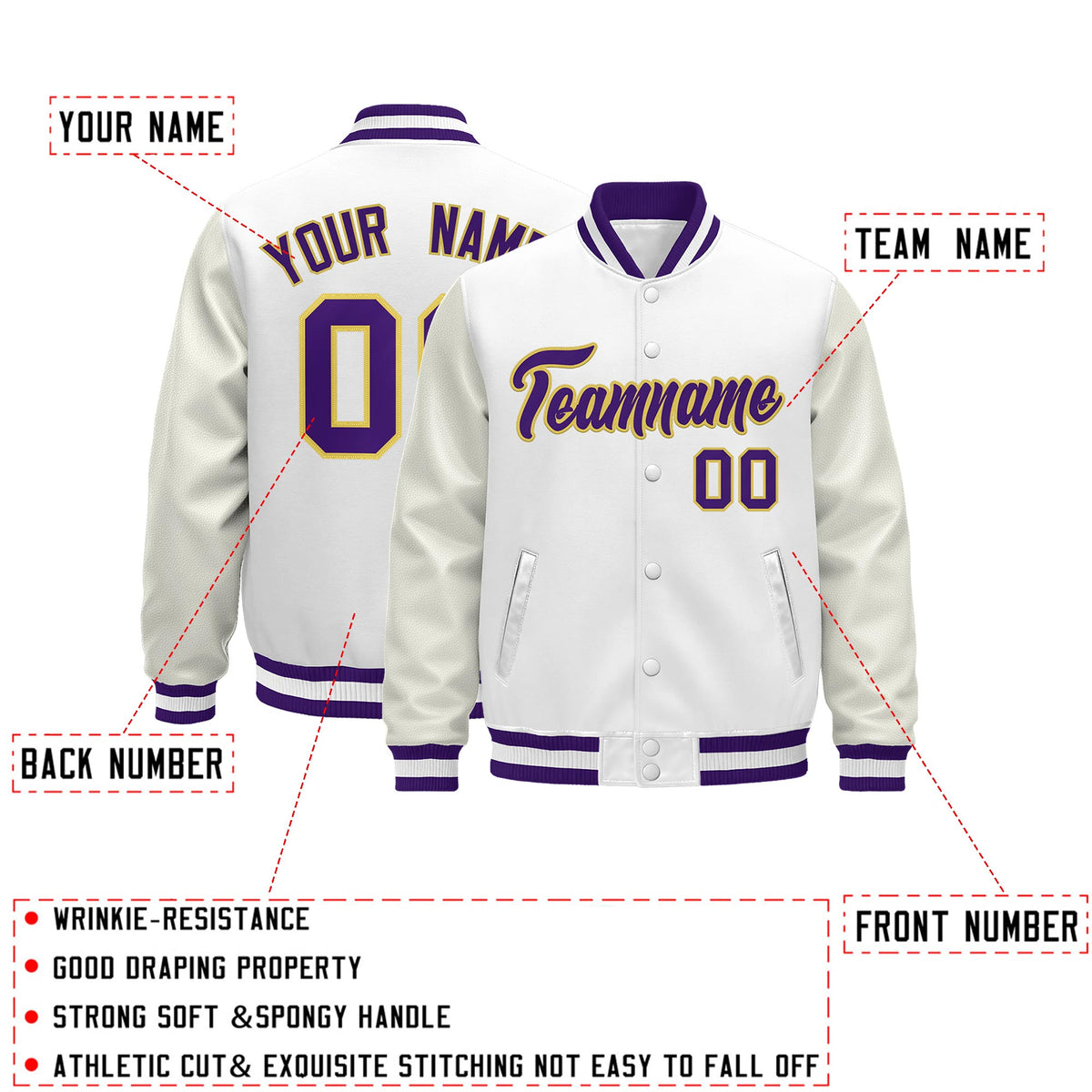Custom White Purple Classic Style Leather Sleeves Wrinkle-Resistant Jacket| KXKSHOP