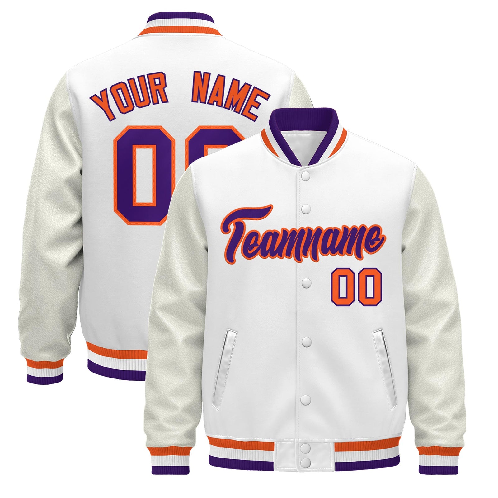 Custom White Purple Orange Jacket - Classic Style Leather Sleeves Wrinkle-Resistant