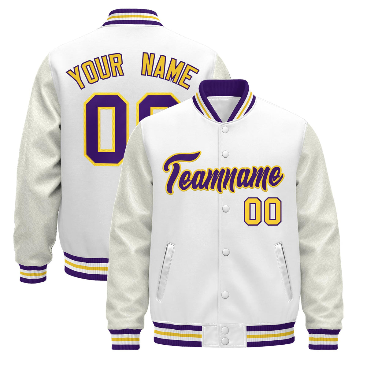Custom White Purple Gold Jacket - Classic Style Leather Sleeves Wrinkle-Resistant