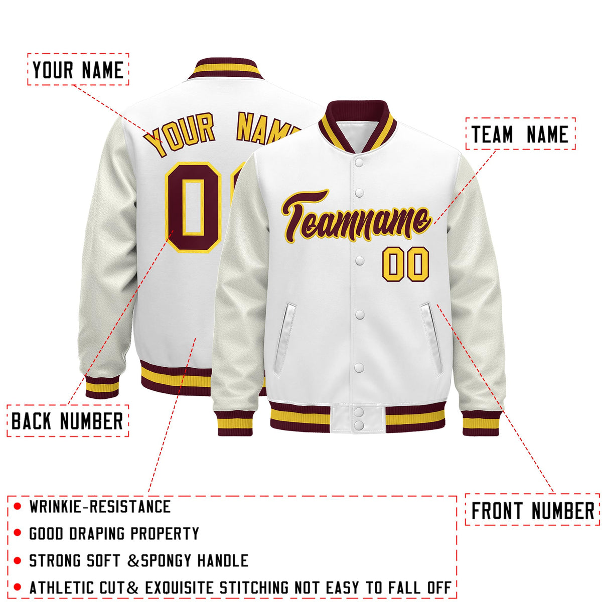 Custom White Crimson Gold Classic Style Leather Sleeves Wrinkle-Resistant Jacket| KXKSHOP