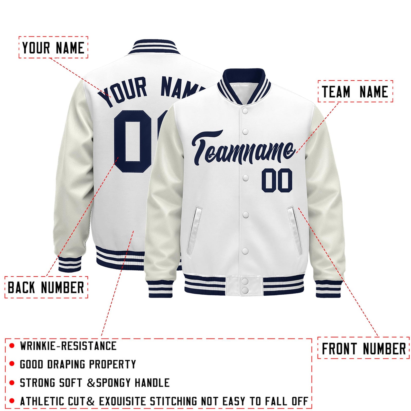 Custom White Navy Classic Style Leather Sleeves Wrinkle-Resistant Jacket| KXKSHOP