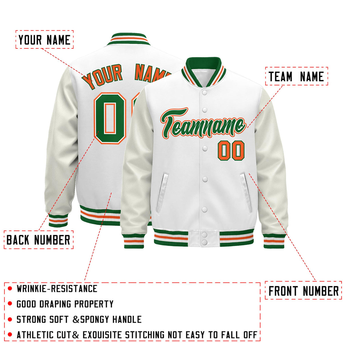 Custom White Kelly Green Orange Classic Style Leather Sleeves Wrinkle-Resistant Jacket| KXKSHOP