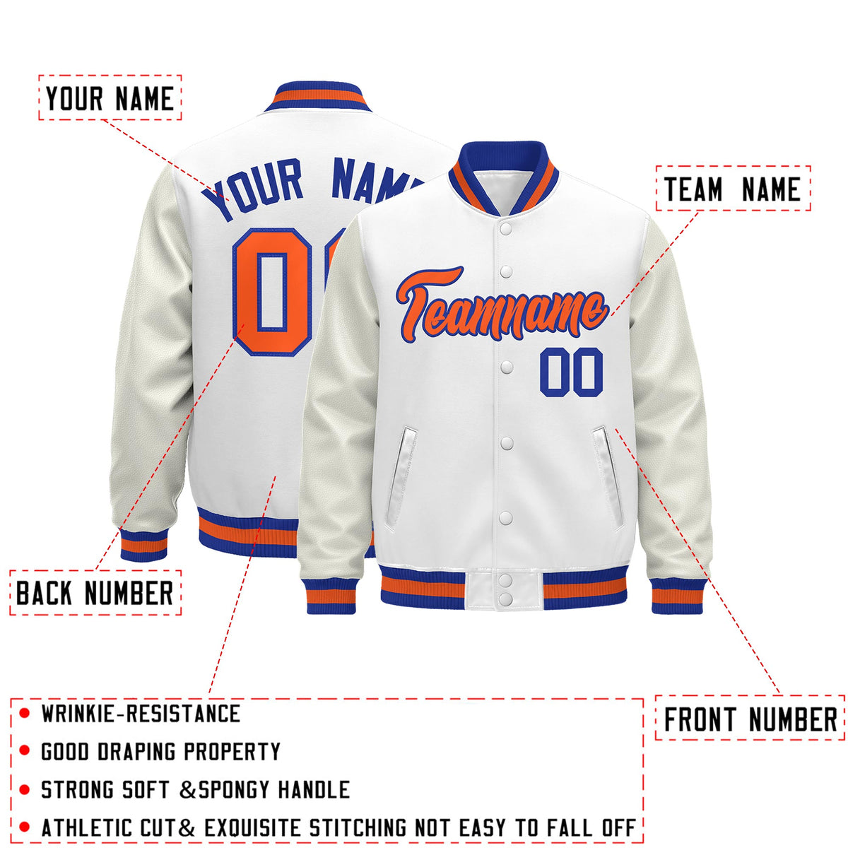 Custom White Royal Blue Orange Classic Style Leather Sleeves Wrinkle-Resistant Jacket| KXKSHOP