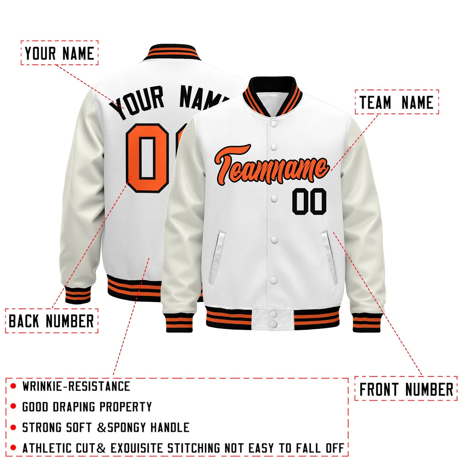 Custom White Black Orange Classic Style Leather Sleeves Wrinkle-Resistant Jacket| KXKSHOP