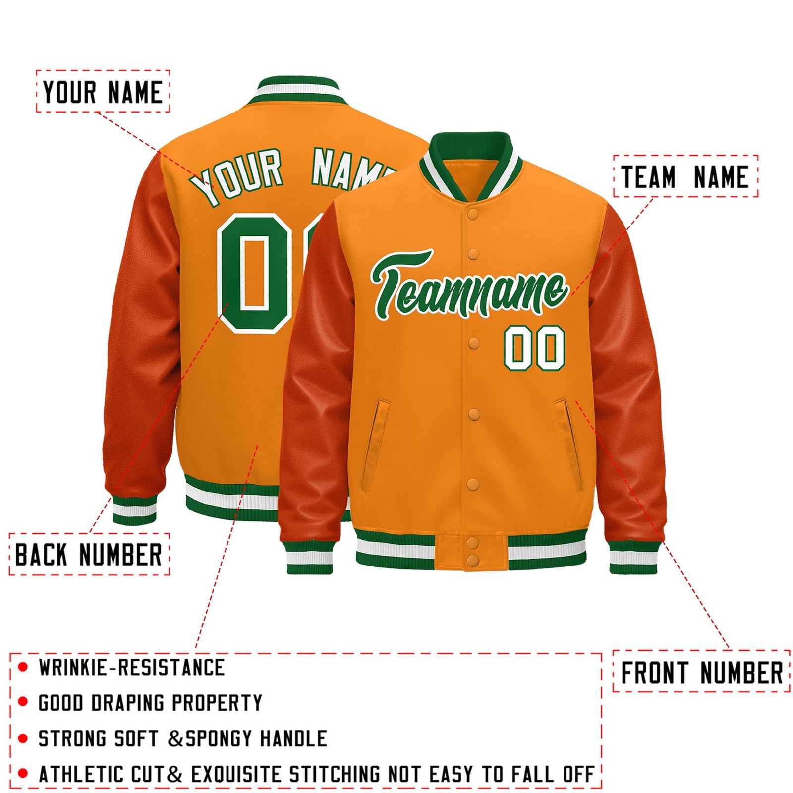 Custom Kelly Green White Classic Style Leather Sleeves Wrinkle-Resistant Jacket| KXKSHOP