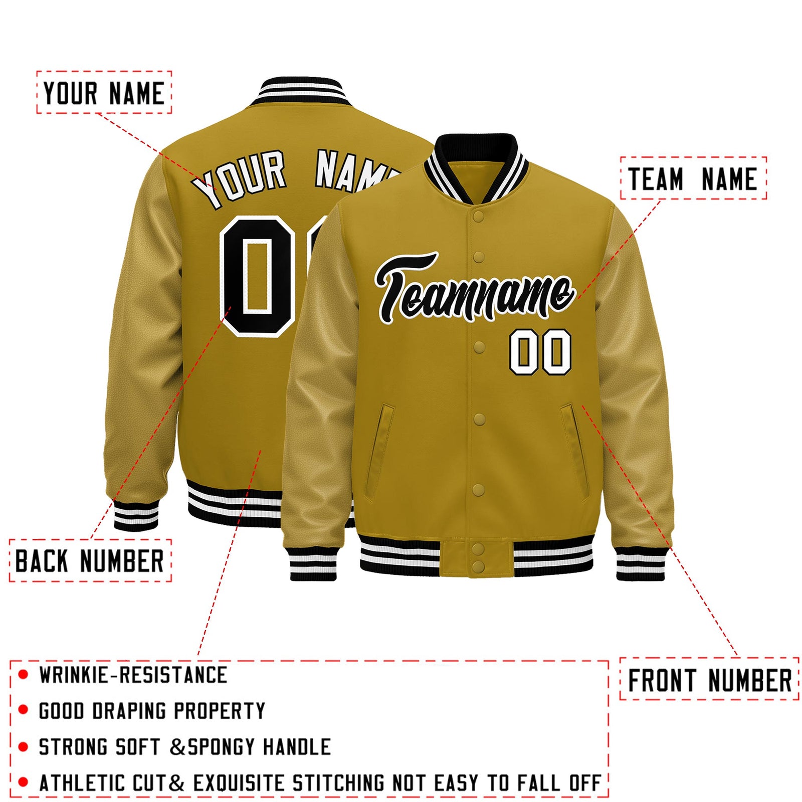Custom Old Gold Black White Classic Style Leather Sleeves Wrinkle-Resistant Jacket| KXKSHOP