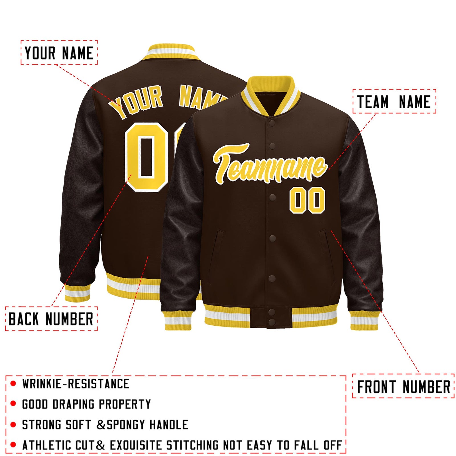Custom Brown Gold White Classic Style Leather Sleeves Wrinkle-Resistant Jacket| KXKSHOP