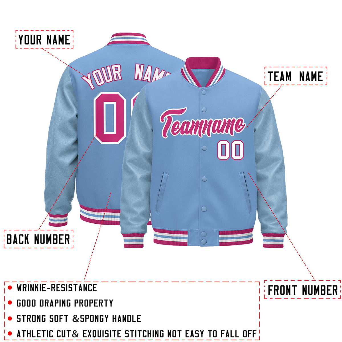 Custom Powder Blue Pink White Classic Style Leather Sleeves Wrinkle-Resistant Jacket| KXKSHOP