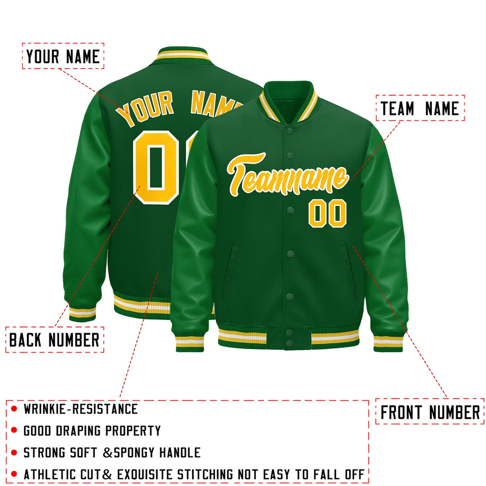 Custom Kelly Green Gold White Classic Style Leather Sleeves Wrinkle-Resistant Jacket| KXKSHOP