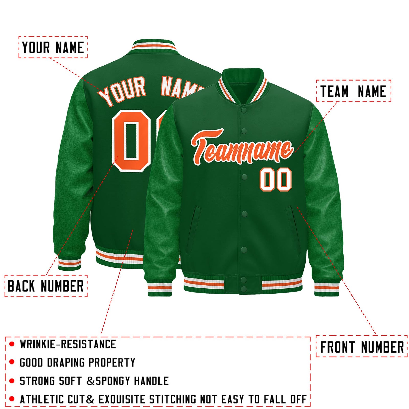 Custom Kelly Green White Orange Classic Style Leather Sleeves Wrinkle-Resistant Jacket| KXKSHOP