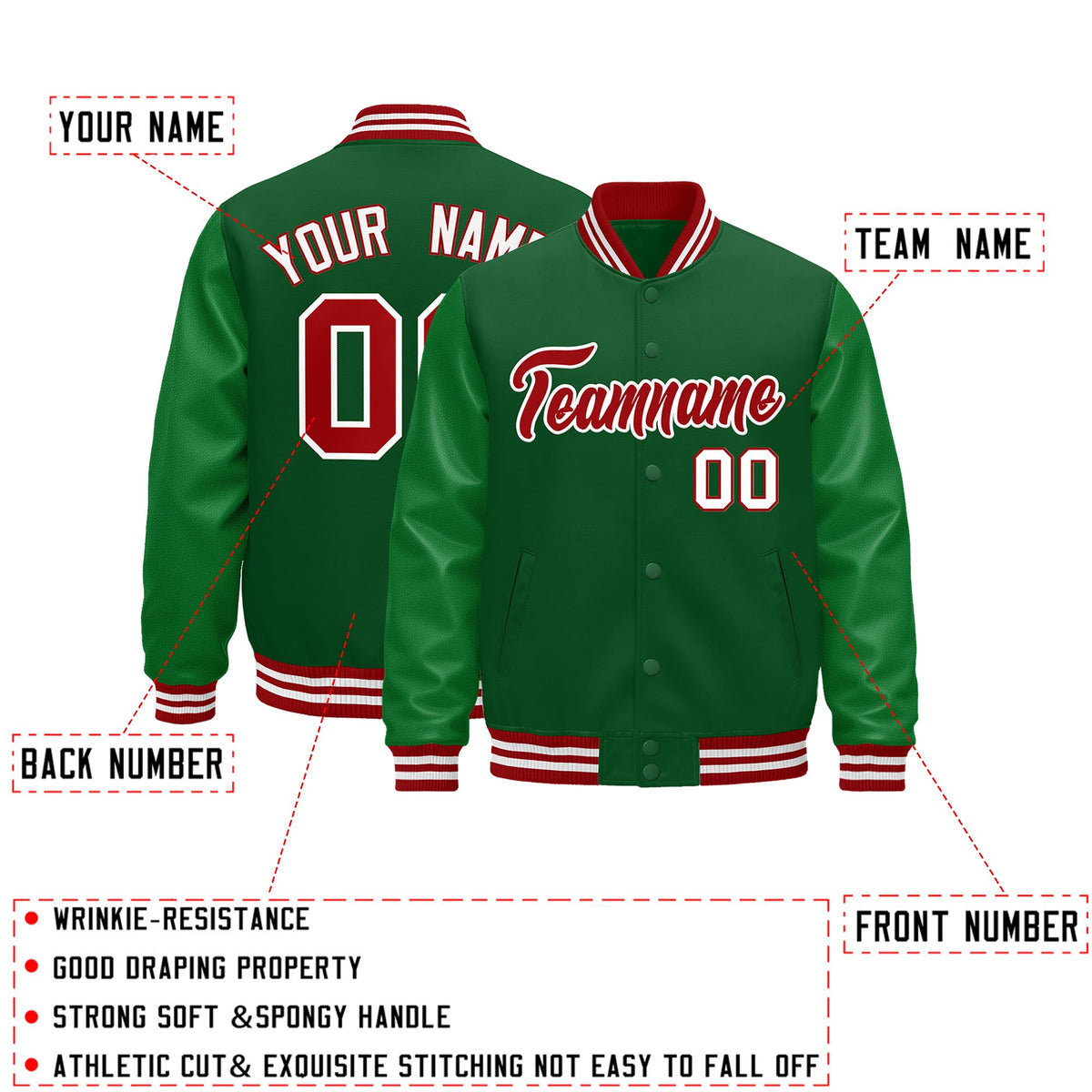 Custom Kelly Green Red White Classic Style Leather Sleeves Wrinkle-Resistant Jacket| KXKSHOP