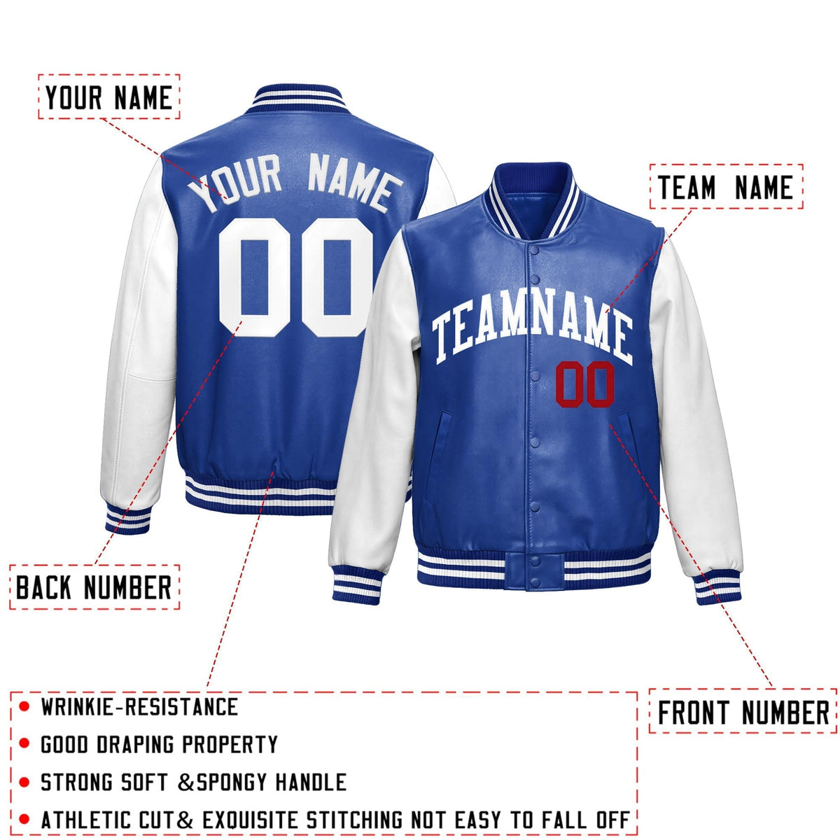 Custom Royal Blue White Raglan Sleeves Full-Snap Varsity Faux Leather Letterman Jacket| KXKSHOP