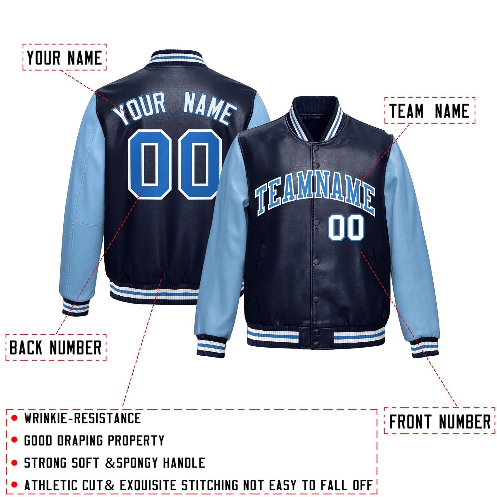 Custom Navy Powder Blue Raglan Sleeves Full-Snap Varsity Faux Leather Letterman Jacket| KXKSHOP