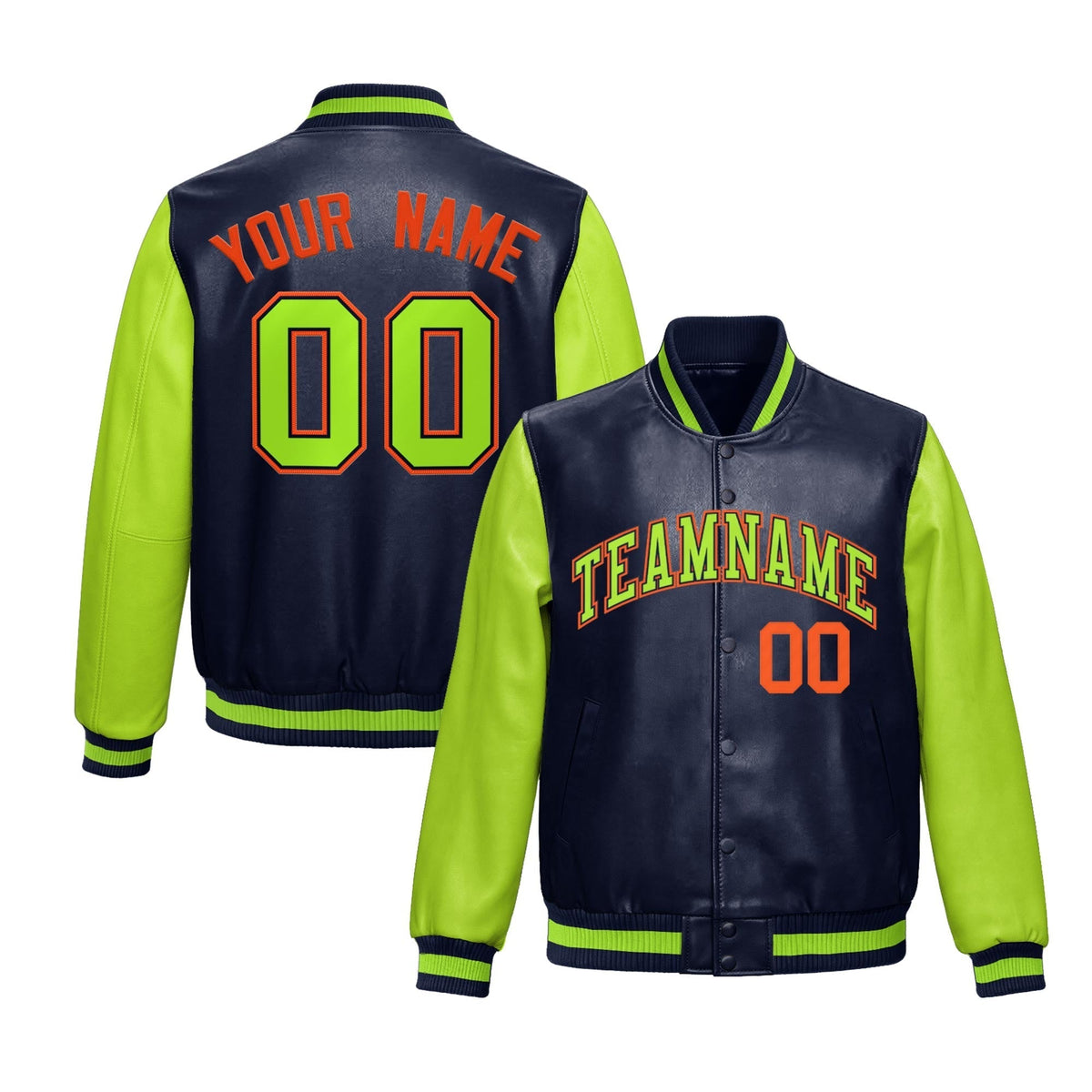 Custom Neon Green Navy Raglan Sleeves Full-Snap Varsity Faux Leather Letterman Jacket| KXKSHOP