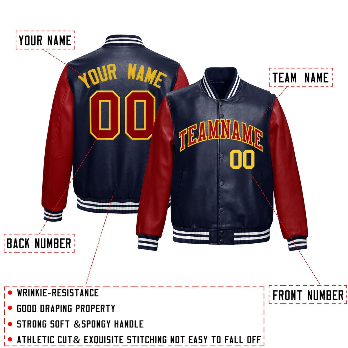 Custom Navy Red Gold Raglan Sleeves Full-Snap Varsity Faux Leather Letterman Jacket| KXKSHOP