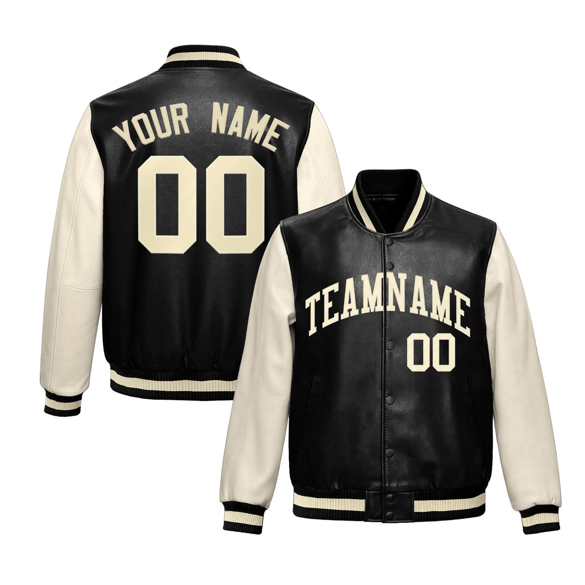 Custom Black Cream Raglan Sleeves Full-Snap Varsity Faux Leather Letterman Jacket| KXKSHOP