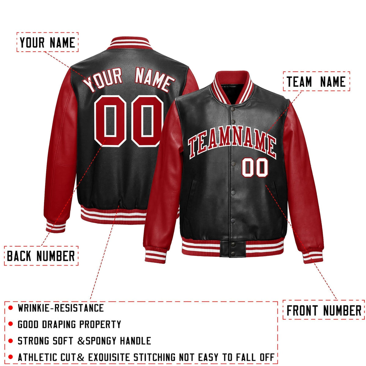 Custom Black Red White Raglan Sleeves Full-Snap Varsity Faux Leather Letterman Jacket| KXKSHOP