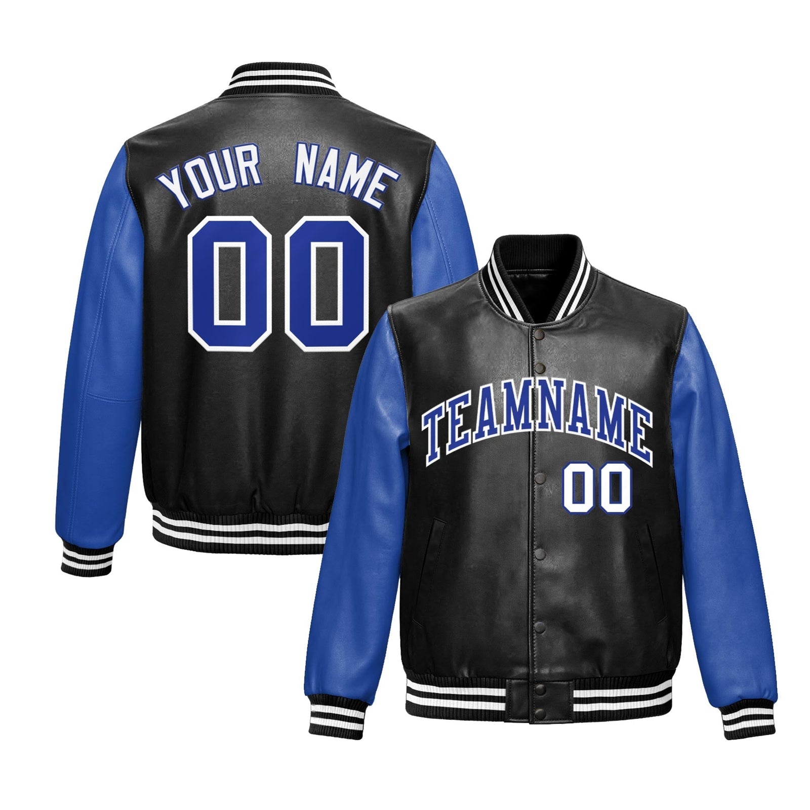 Custom Black Royal Blue Raglan Sleeves Full-Snap Varsity Faux Leather Letterman Jacket| KXKSHOP