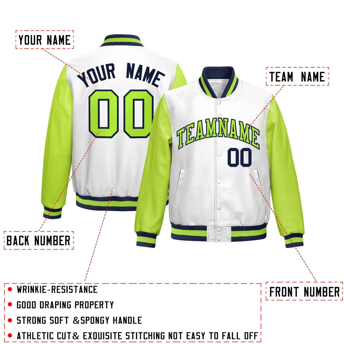 Custom White Neon Green Raglan Sleeves Full-Snap Varsity Faux Leather Letterman Jacket| KXKSHOP