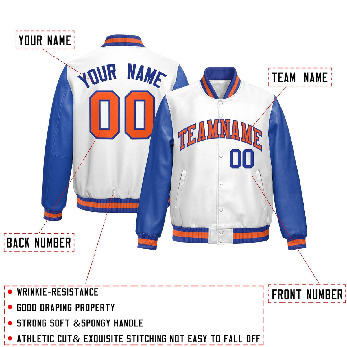 Custom White Royal Blue Raglan Sleeves Full-Snap Varsity Faux Leather Letterman Jacket| KXKSHOP