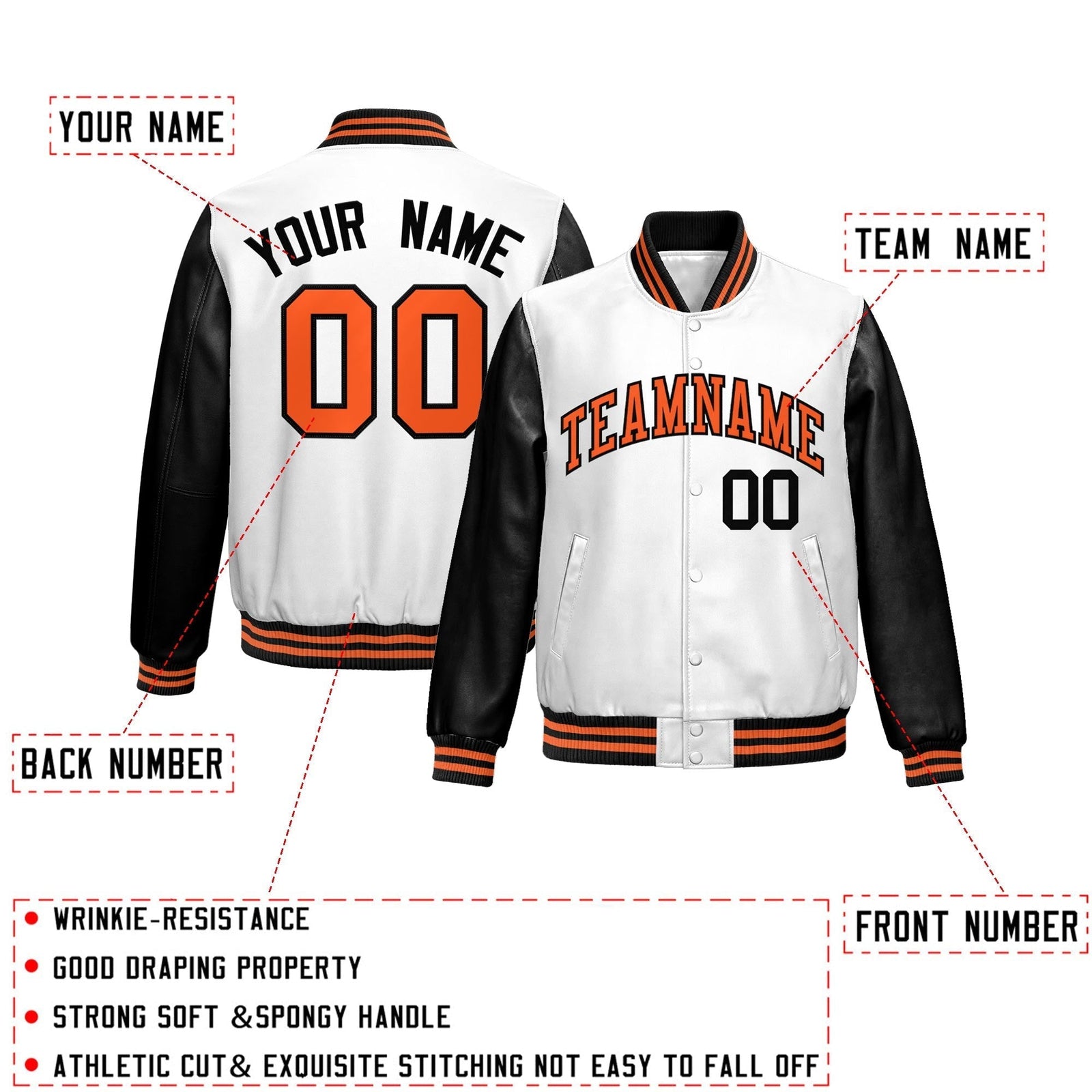 Custom White Black Raglan Sleeves Full-Snap Varsity Faux Leather Letterman Jacket| KXKSHOP