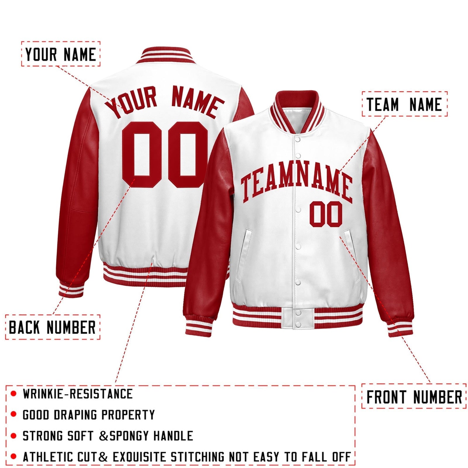 Custom White Red Raglan Sleeves Full-Snap Varsity Faux Leather Letterman Jacket| KXKSHOP