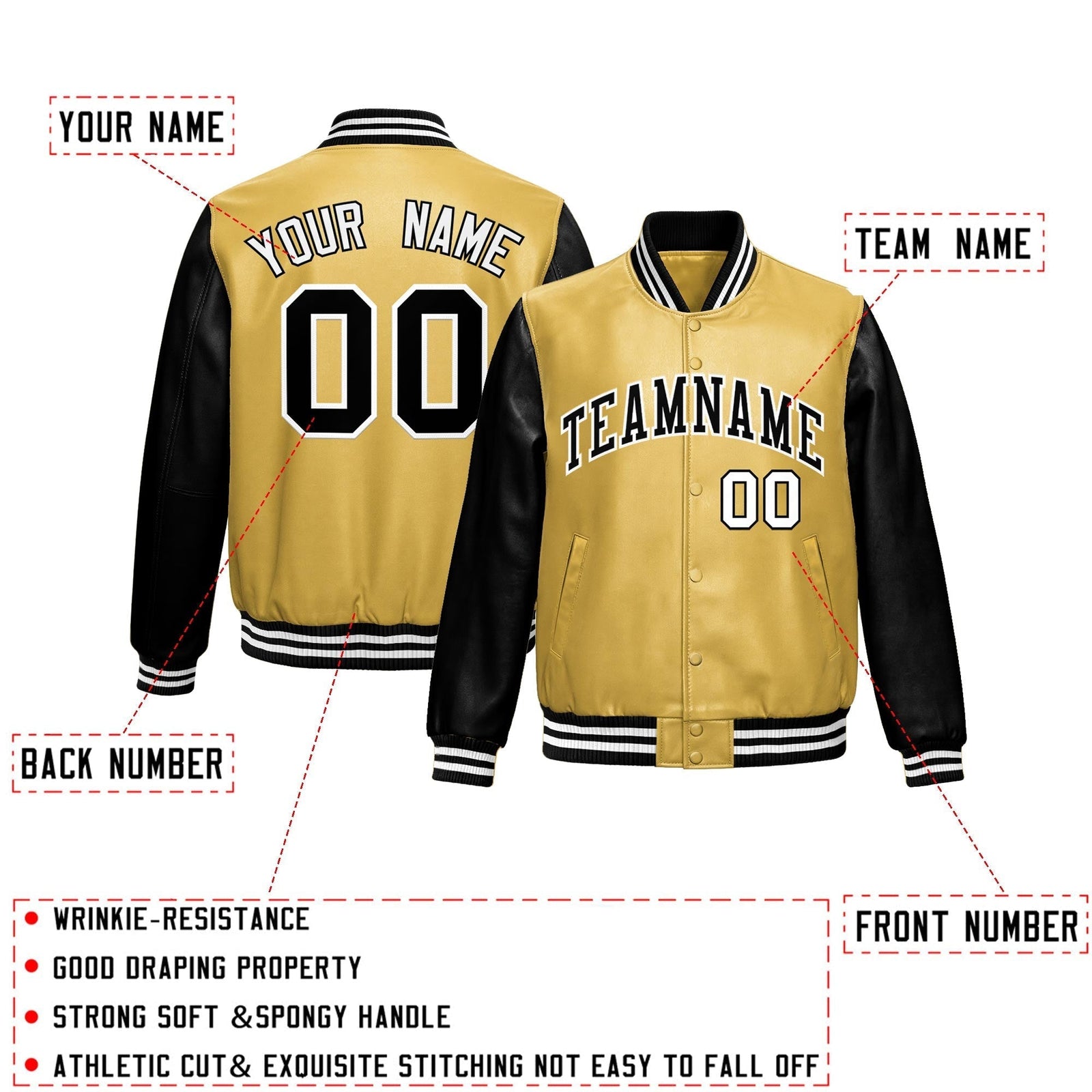 Custom Khaki Black Raglan Sleeves Full-Snap Varsity Faux Leather Letterman Jacket| KXKSHOP