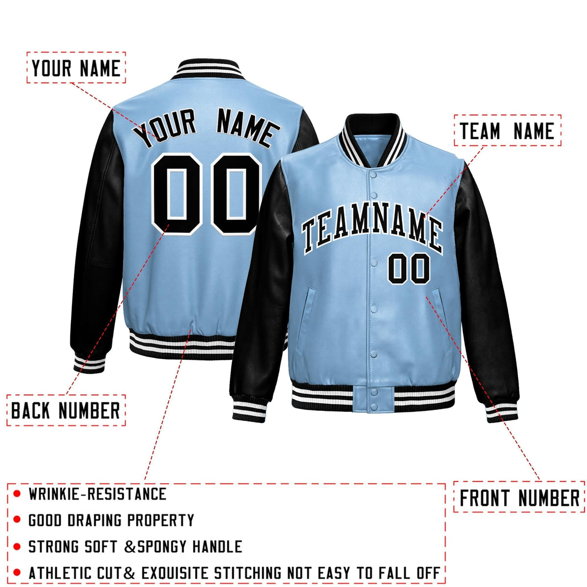 Custom Powder Blue Black Raglan Sleeves Full-Snap Varsity Faux Leather Letterman Jacket| KXKSHOP