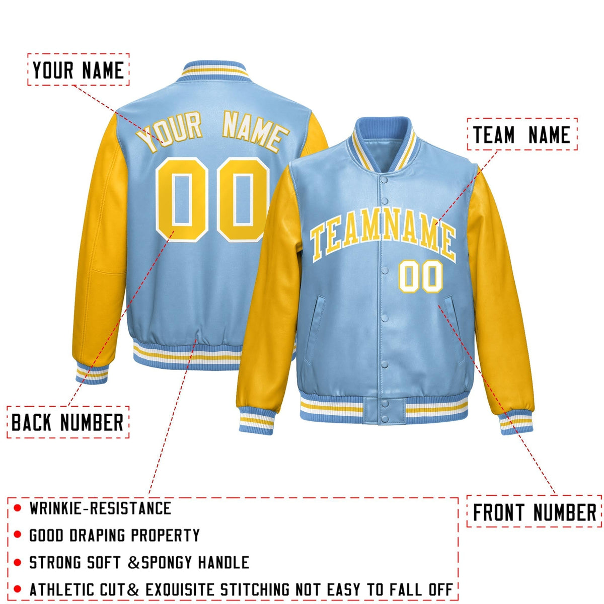 Custom Powder Blue Yellow Raglan Sleeves Full-Snap Varsity Faux Leather Letterman Jacket| KXKSHOP