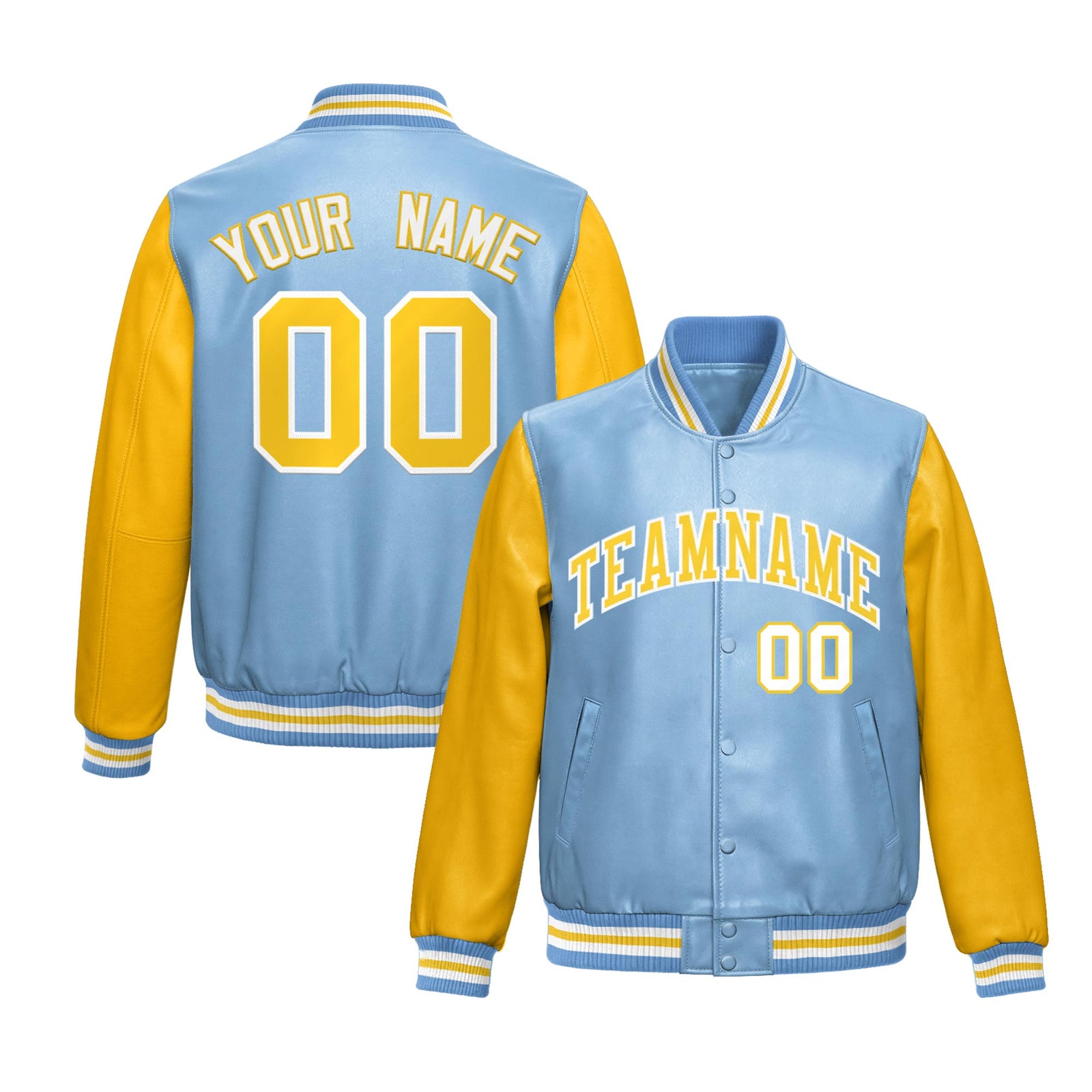 Custom Powder Blue Yellow Raglan Sleeves Full-Snap Varsity Faux Leather Letterman Jacket| KXKSHOP
