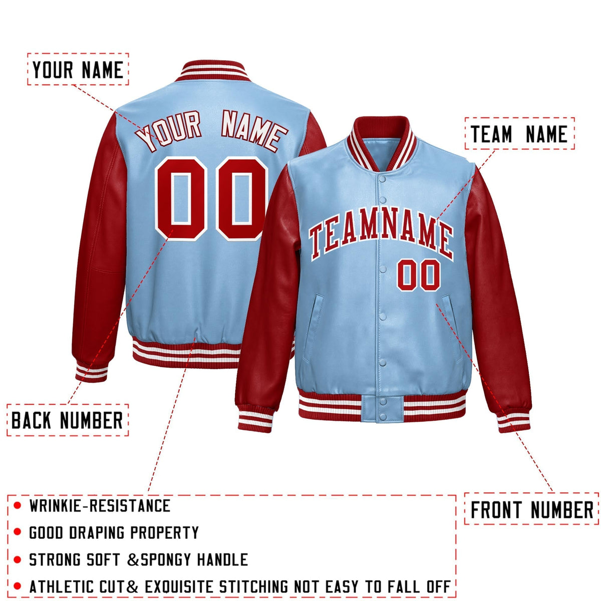 Custom Powder Blue Red Raglan Sleeves Full-Snap Varsity Faux Leather Letterman Jacket| KXKSHOP