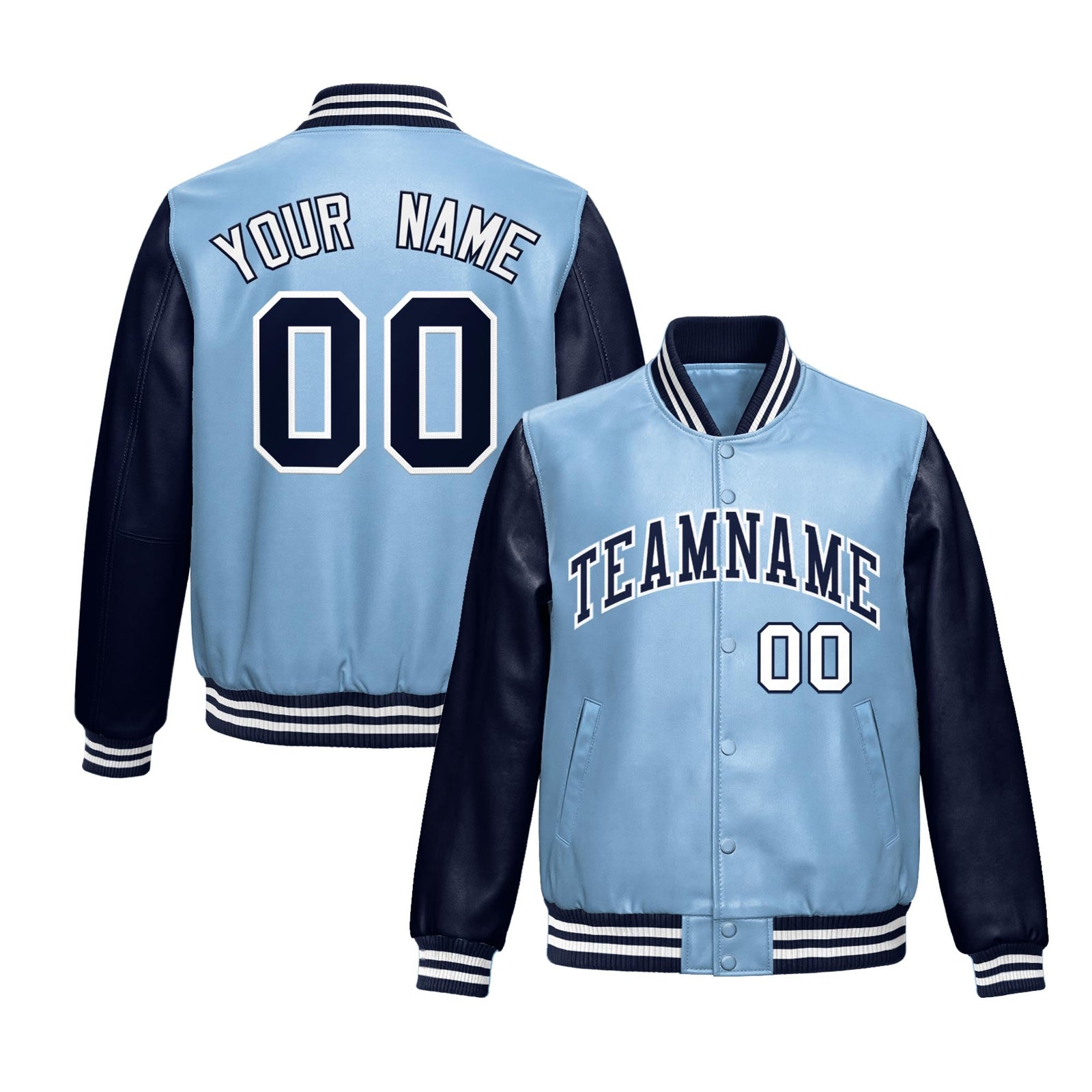 Custom Powder Blue Navy Raglan Sleeves Full-Snap Varsity Faux Leather Letterman Jacket| KXKSHOP
