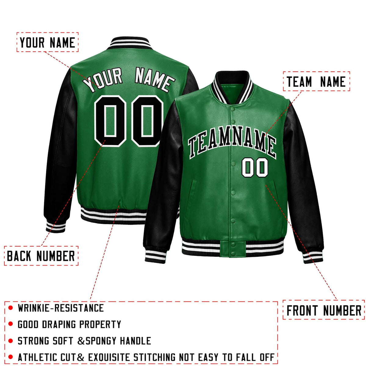 Custom Kelly Green Black Raglan Sleeves Full-Snap Varsity Faux Leather Letterman Jacket| KXKSHOP