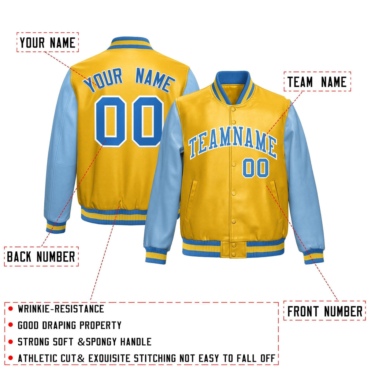 Custom Yellow Powder Blue Raglan Sleeves Full-Snap Varsity Faux Leather Letterman Jacket| KXKSHOP