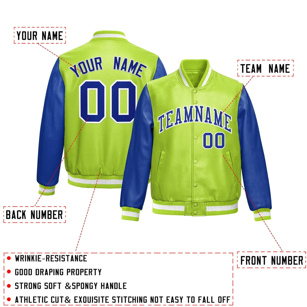 Custom Neon Green Royal Blue Raglan Sleeves Full-Snap Varsity Faux Leather Letterman Jacket| KXKSHOP