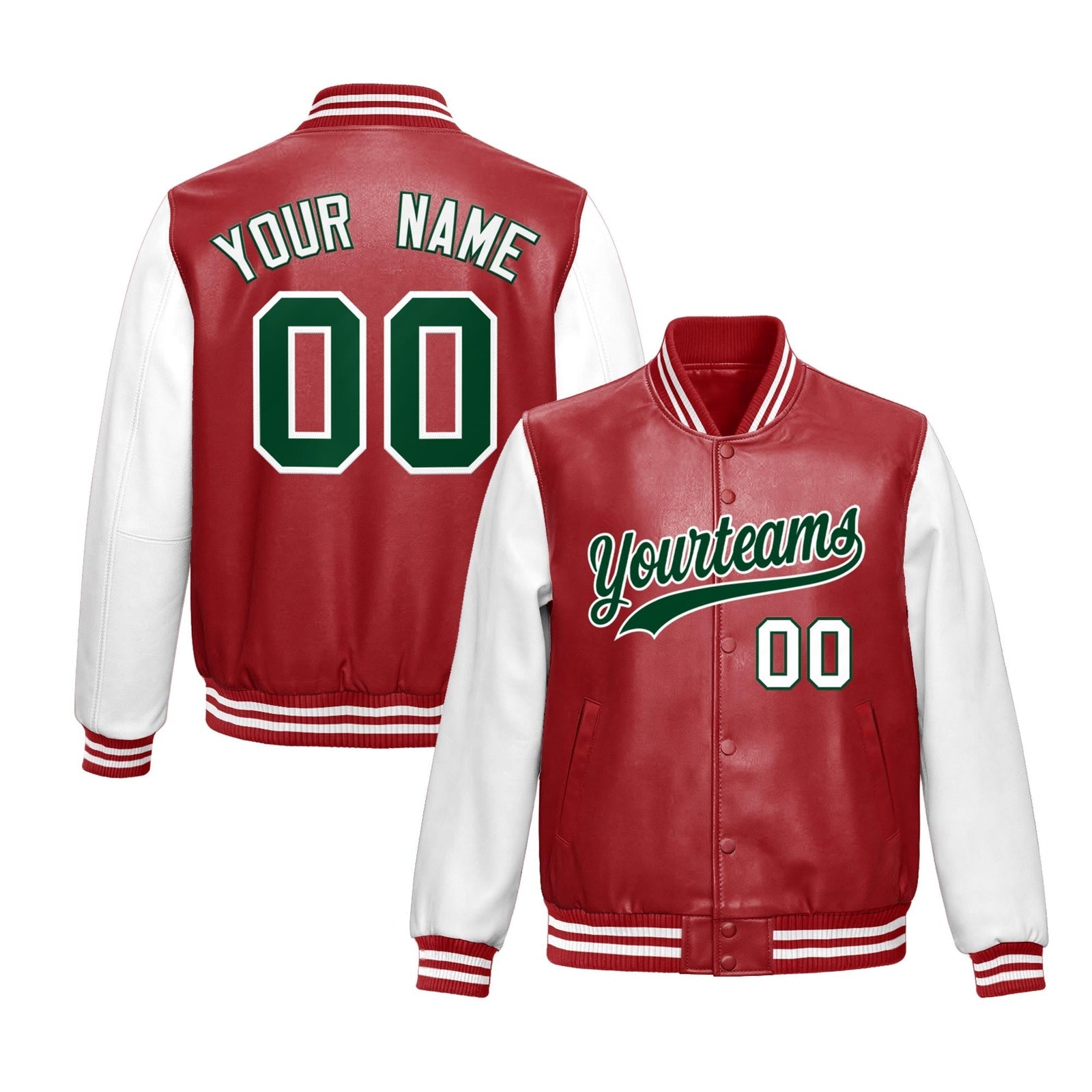 Custom Red White Dark Green Raglan Sleeves Full-Snap Varsity Faux Leather Letterman Jacket| KXKSHOP