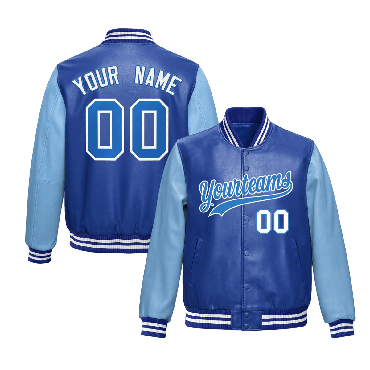 Custom Royal Blue Powder Blue Raglan Sleeves Full-Snap Varsity Faux Leather Letterman Jacket| KXKSHOP